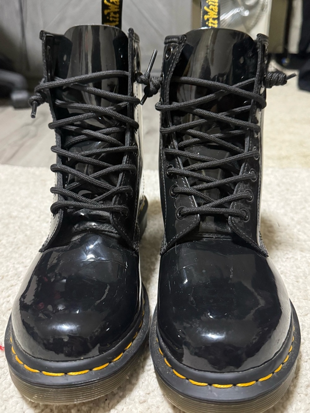 Dr. Martens Black Patent 8-Eye Lace-Up Combat Boots with Yellow Stitching